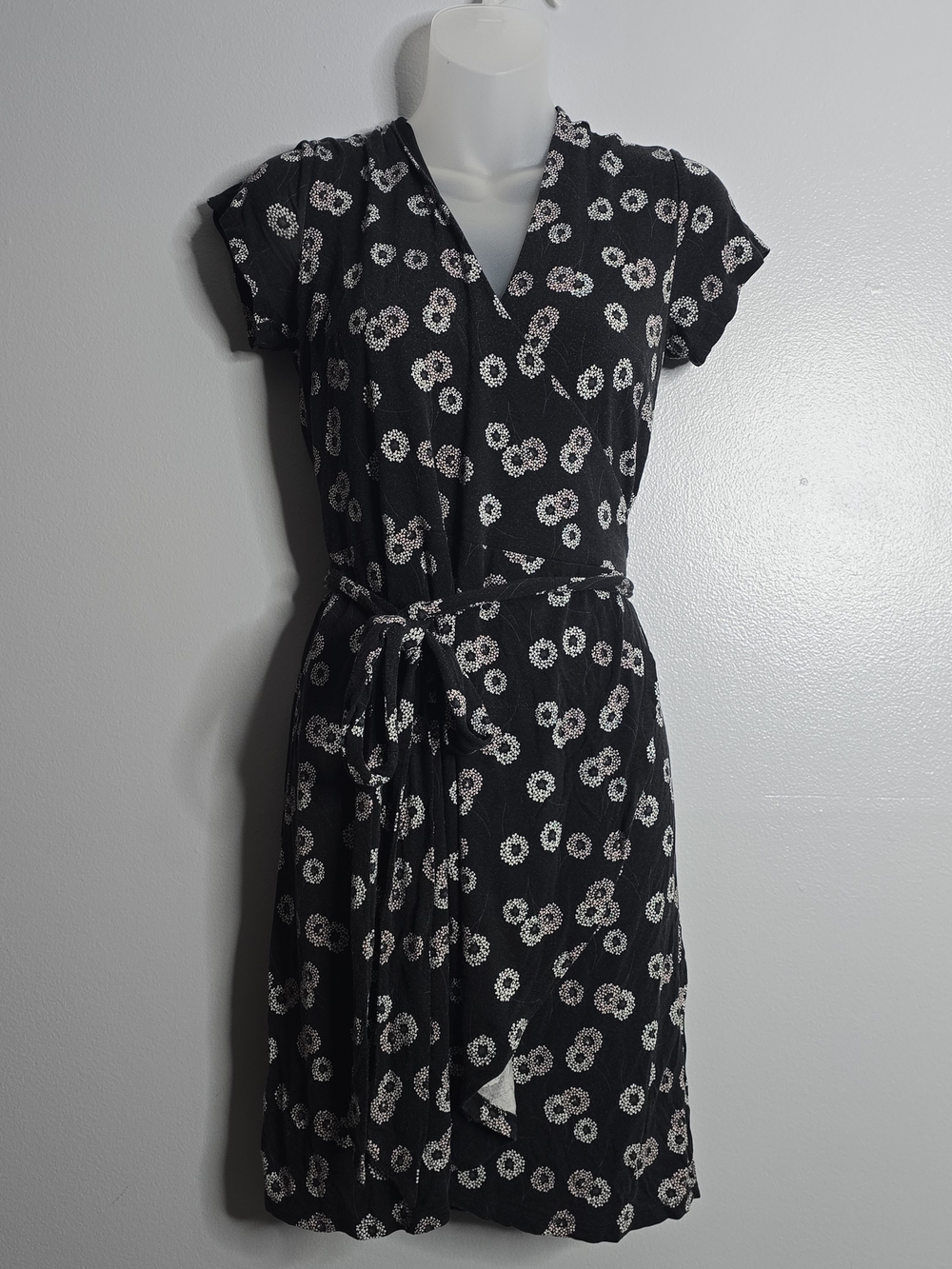 LOFT Black Floral Wrap Dress with Tie Waist